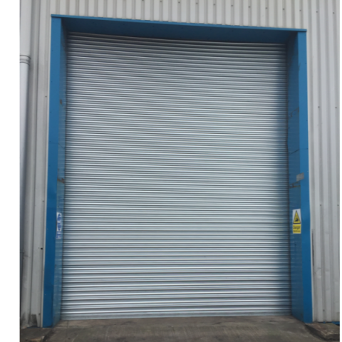 Silver roller shutter door with blue surround